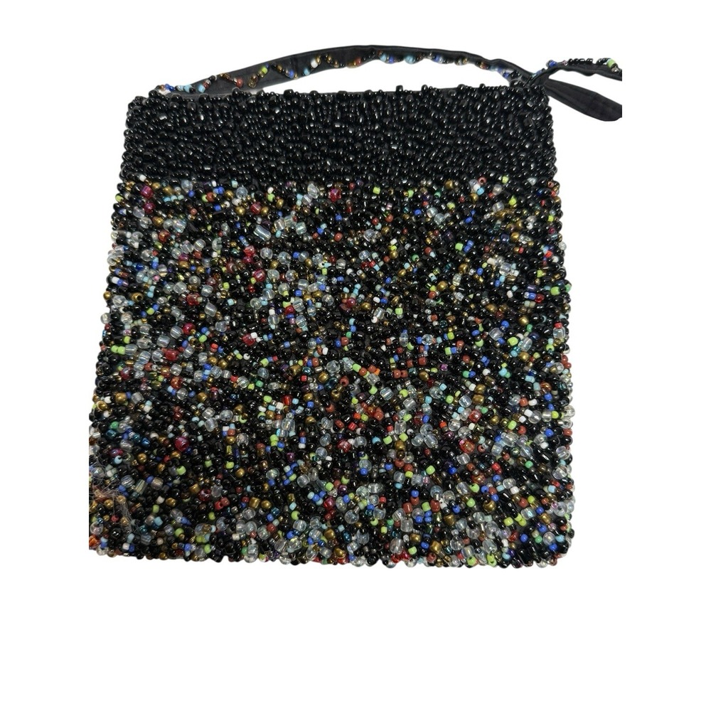 Vintage Black Multicolor Beaded Crossbody‎ Mini Bag Boho Y2K Evening Purse
